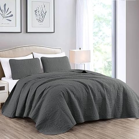 Chezmoi Collection Austin 3-Piece Oversized Bedspread Coverlet Set (Queen, Charcoal) Cover