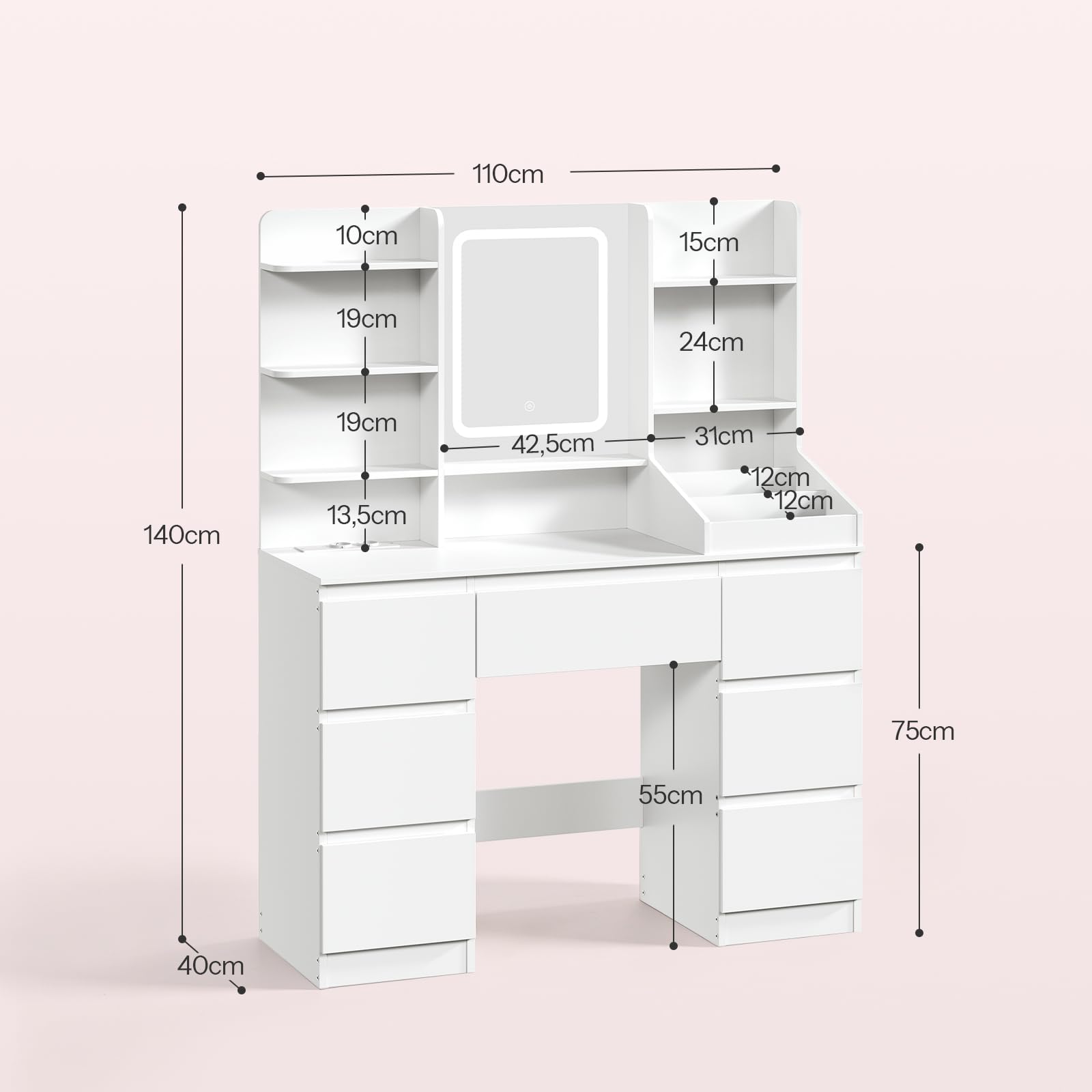 HOOBRO Tocador, con Espejo LED Regulable, Mesa de Maquillaje, 5 Estantes Abiertos y 7 Cajones, con Estación de Carga Integrada (2 Tomas CA, 1 USB-A, 1 Tipo C), para Vestidor, Habitación, Blanco