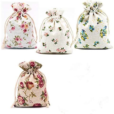 Autupy 20 Pack Floral Burlap Drawstring Bags Packing Storage Linen Jewelry Pouches Sacks for Christmas Wedding Party Shower Birthday, 5.5 x 3.9 Inch Cover