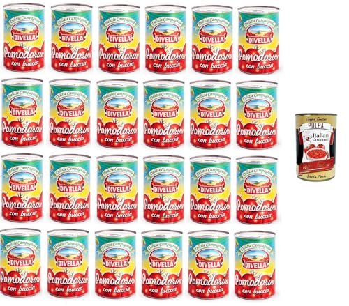 Divella Pomodorini con Buccia Con apertura a Strappo - Tomates cereza con bandeja y apertura para abrir 24 x 400 gr+polpa italiana gourmet 400 g