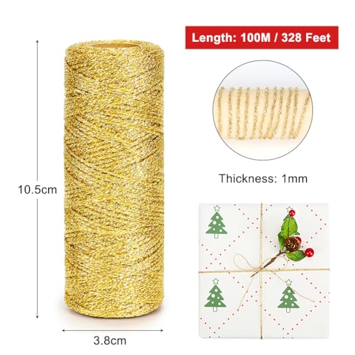 100 m Metallic-Gold Schnur, 1 mm Weihnachts Metallic Kordel, Wickelschnur für Geschenkverpackung, Weihnachtskugel, Basteln, Dekoration