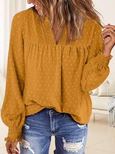 BETTE BOUTIK Women Boho Long Sleeve Shirts Dressy Casual V Neck Fall Fashion Tops Swiss Dot Flowy Blouses