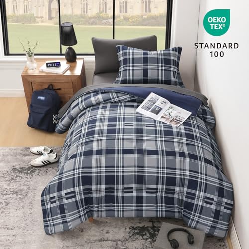 Image of MaiReve Navy Blue Twin XL Comforter Set, Twin XL Bedding Sets for Boys Girls 5 Pieces for Dorm Farmhouse All Season Lightweight &Comfy with Fitted Sheet, Flat Sheet (Navy Blue, Twin XL, 66 inchx90 inch)