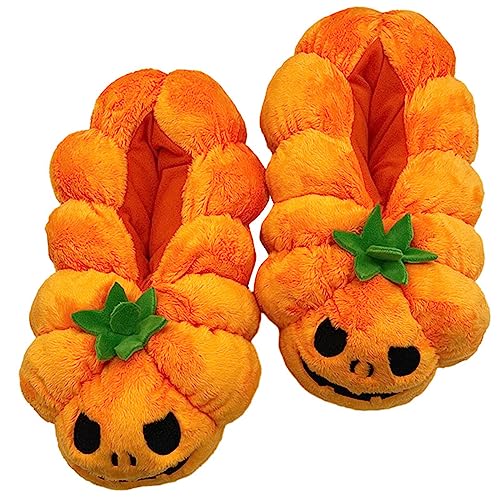 Women Halloween Pumpkin Slippers Winter Warm Fuzzy Plush Slippers Non-slip Indoor House Shoes2