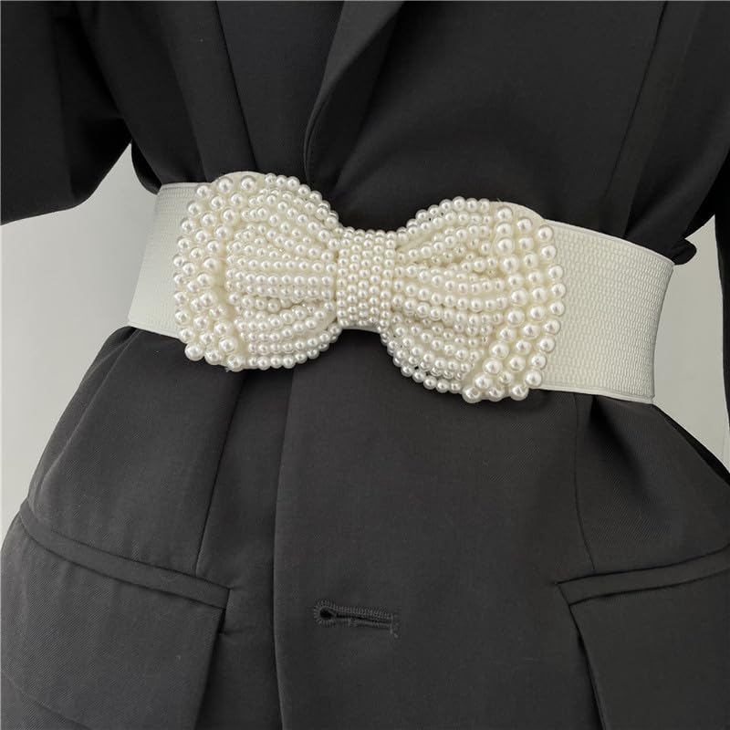 Elastic Pearl Bow Wide Belt for Women, Fashion Stretch Waist Belt Decorative Bowknot Ladies Belt for Dresses Skirts Party Wedding3