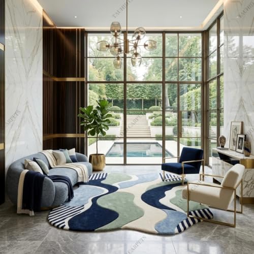 Image of Tauhid Carpet Super Soft Microfiber Shaggy Area Rug | Modern Irregular Abstract Blue, Green & White Plush Carpet | Fluffy Floor Rug for Living Room, Bedroom 6 x 8 Feet.