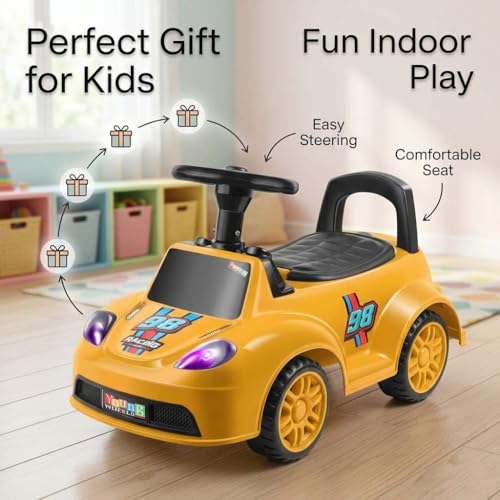 Image of Kids Ride On Yellow Car for Toddlers with Steering Wheel & Backrest | Foot to Floor Baby Push Car | Indoor Outdoor | Strong Wheels & Comfortable Seat | Racing Design for Boys & Girls (1-3 Years)