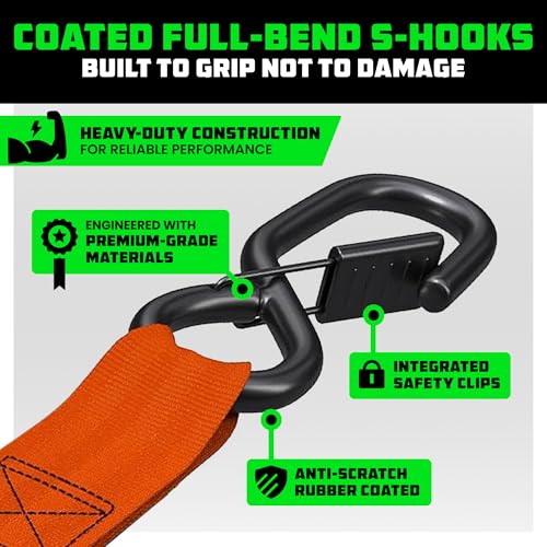 Image of Rhino USA Retractable Ratchet Straps (4-Pack) - 1 Inch x 10 Feet (1,209lb Break Strength) - Auto Self Retracting Tie Down Straps for Truck, Cargo Trailer, Motorcycle, ATV, UTV - Orange