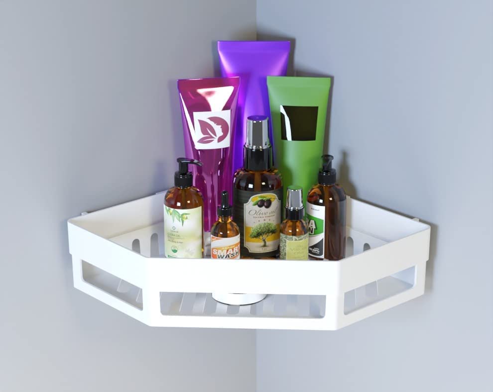2 Pcs Diamond Shape Plastic Bathroom Corner Shelf Wall Mounted, Self Adhesive Shower Organizer Rack with Hooks, Waterproof Storage Stand for Kitchen, Wash Basin & Bathroom Accessories (White, 2 Pack) 4