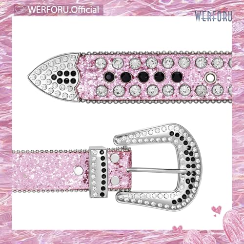 Image of WERFORU Women Men Western Rhinestone Studded Leather Belt Unisex Bling Cowgirl Cowboy Waist Belt for Jeans Pants Dress