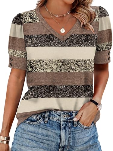 Image of OFEEFAN Womens Tops Short Sleeve Shirts Buttons V Neck Spring Fashion Summer Outfits Plus Size Blouses Dressy Casual