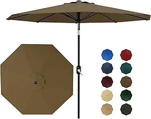 9Ft Patio Umbrella - 8 Sturdy Ribs Outdoor Table Umbrella with Crank Lift & Push Button Tilt - Market Umbrella for Pool, Deck, Yard, Garden - Taupe