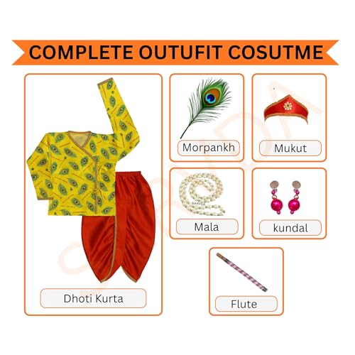 Image of Sarvda Shree Krishna Dress for Baby Boy & Radha Dress for Girls | Janamashtami Dress | Fancy Dress Costume with Accessories Dhoti, Dupatta, Mukut Flute Complete set, Ethnic wear