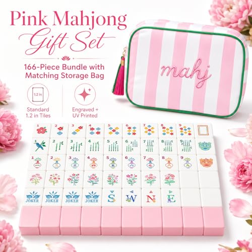 Set Americano de Mahjong con 166 Fichas Florales y Bolsa Rosa miniatura 2