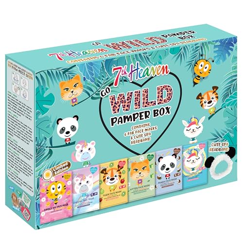 7th Heaven Go Wild Pamper Box Skincare Gift Set - 6 Printed Animal Face Masks and 1 Panda Headband Childrens Gift