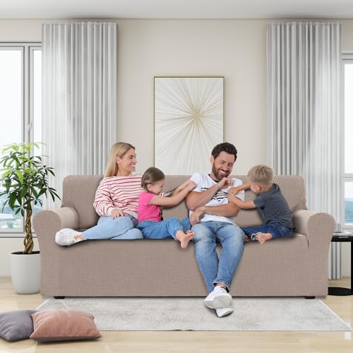 BellaHills Stretch Sofabezug 2 Sitzer (135-165cm), Sofaschoner rutschfest Mit Armlehne, Waschbare Couch Überzug, Decke Sofa Schutz Für Haustiere, Sand