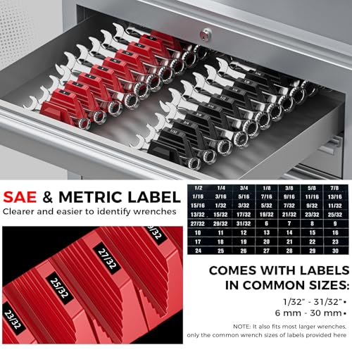 Image of PINOZE 48PCS Magnetic Modular Wrench Organizers for Tool Drawers - Black & Red - Wrench Rack with Metric & SAE Labels, Customizable Magnet Tool Storage Holder for Tool Box Organization