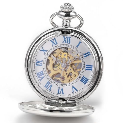 Image of ManChDa Pocket Watch Retro Smooth Classic Mechanical Hand-Wind Pocket Watch Steampunk Roman Numerals Fob Watch for Men Women with Chain + Box