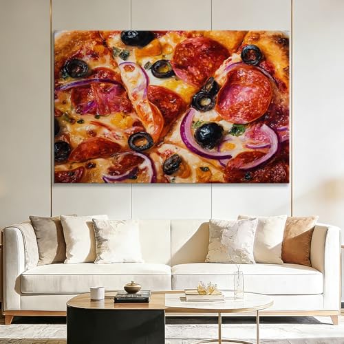 Cuadros en lienzo con marco de comida exquisita textura Pizza, cuadro sobre lienzo grande XXL para salón, dormitorio, baño, salón, 70 x 50 cm