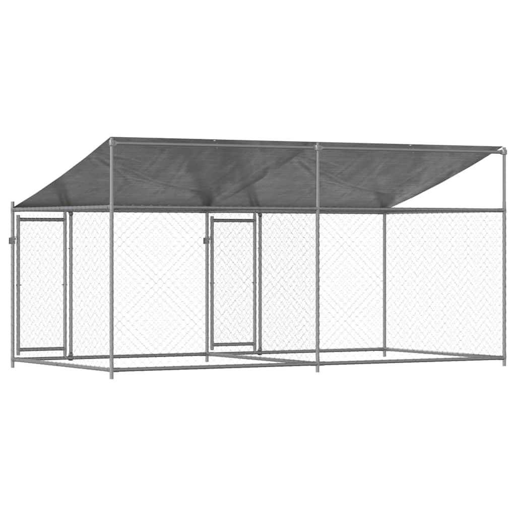 Perrera para perros de acero galvanizado 4 x 2 x 2 m con techo y puertas grises, para exteriores, para perros, cachorros, entrenamiento, protección y seguridad en el jardín o camping