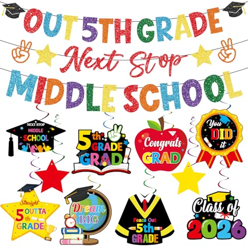 5th Grade Graduation Decorations 2026 Glitter Elementary Graduation Banner Out 5th Grade Next Stop Middle School Banner Class of 2026 Graduation Party Supplies for Boys Girls