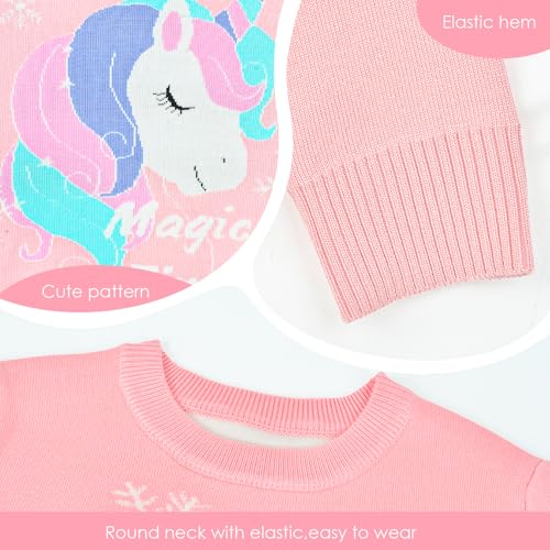Image of Girls Unicorn Sweaters Kids Long Sleeve Cable Knit Sweater Chunky Pullover Jumper Fall Winter Pink