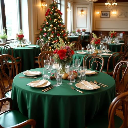 Image of sancua Round Tablecloth 132 Inch Diameter, 6 Pack Hunter Green, Circle Polyester Fabric Table Cloth for Christmas Party Reception Banquet Birthday, Washable Formal Table Cover(Fit 54-96 Inch Tables)