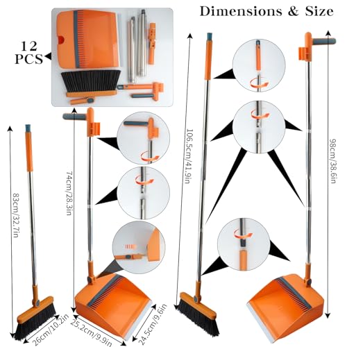FKKFSS Kehrschaufel und Besen mit langem Griff, winddicht, vertikale Verlängerungsstange, schwenkbares Besen-Set – Orange – Bild 3