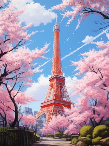 ナンバーペイント アートパネル 50x40cm フレーム付き 大人 初心者 簡単 DIY アクリル絵の具 セット インテリア 絵画 部屋 飾り ストレス解消 趣味 贈り物 誕生日 プレゼント、番号塗り絵水彩画、桜タワー