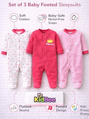 Image of Kidbee Baby Boys & Girls Full Sleeves Cotton Footed Romper Sleepsuit Pack of 3