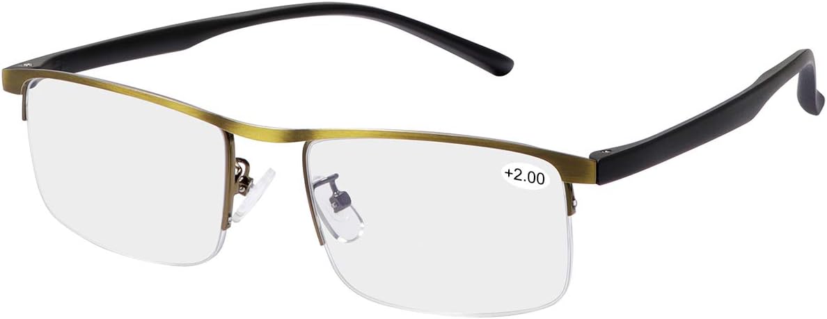 MIRYEA Progressive Multifocus Computer Reading Glasses Blue Light Blocking Multifocal Readers for Men and Women Multi Focus Eyeglasses Eyewear Anti Glare Light Weight TR90 Semi-rimless Frame 2.0 X Gold