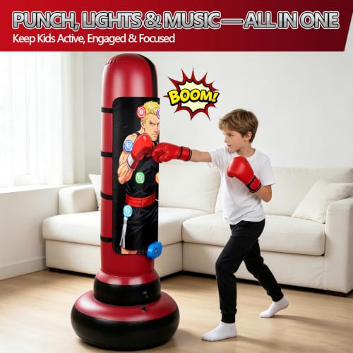 Smart Electronic Punching Bag for Kids, Boxing Bag with Scoring, Lights, Music & 4 Game Modes, Inflatable Boxing Machine with Gloves & Air Pump, Birthday Gift for Boys & Girls Ages 4-12 by KREZOMIRA - Used condition - Image 2