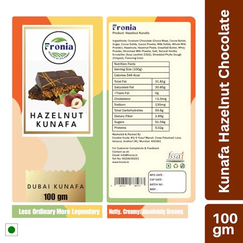 Image of Fronia Kunafa Chocolate Bar Dubai Style - Hazelnut Kunafa Chocolate Dessert, Milk Chocolate with Creamy Hazelnut Filling & Crunchy Kunafa Layers | 100g
