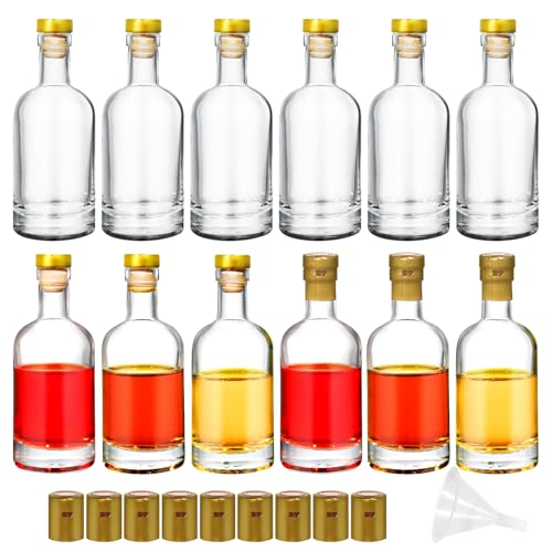 HINGWAH 12 Pack 3oz Glass Bottles with Cork Lids, 100ml Clear Liquor Bottles with T-Top Stopper for Whisky, Wine, Beverages, Beer, Drinks, Oil, Juices (Shrink Capsules and Funnel Included)