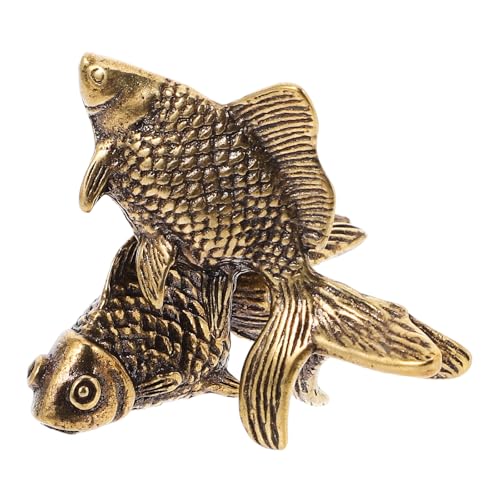 HEALEEP Escultura de Pez Antiguo de Latón en Miniatura 2 Piezas, Figuras Vintage para Decoración de Hogar y Oficina, Adorno Feng Shui para Escritorio y Estantes, Estatuas Decorativas