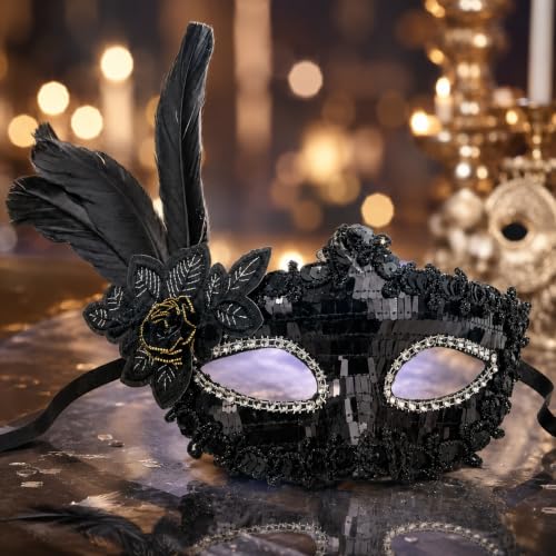 Image of Wanna Party Black Sequin Masquerade Mask for Women Men,Venetian Mask Shinny Eye Masks for New Year Halloween Costume Mardi Gras Party Ball- Black
