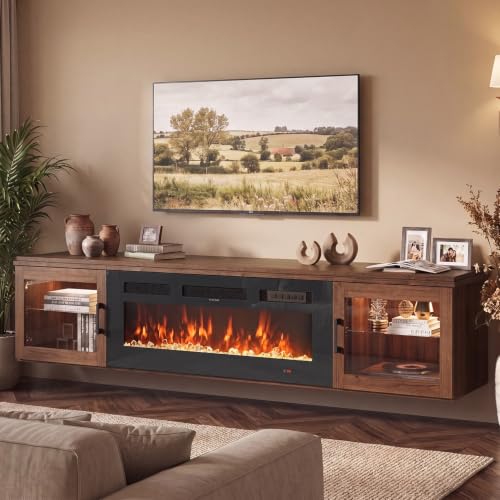 Image of 70 inch Floating TV Stand with Fireplace, High Gloss Finish Wall Mounted Fireplace Entertainment Center with Storage for TVs Up to 80 inch, Brown
