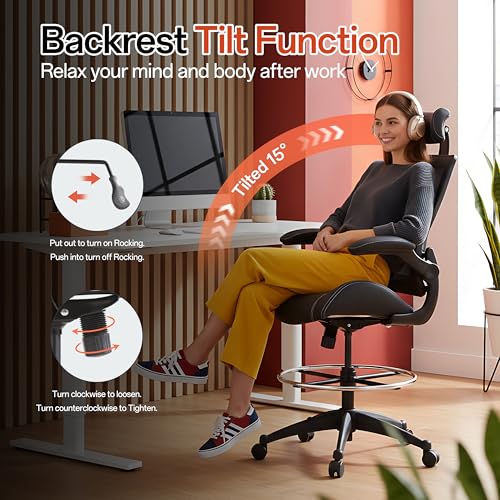 Image of BOLISS Tall Ergonomic Office Chair, Sustainable Tech-Leather Drafting Chair with Adjustable Foot Ring, 90 Flip-Up Arms Space Saving Mesh Computer Desk Chair for Standing Desk Executive Work 8+ Hours