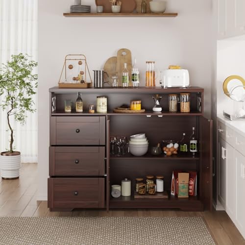 Image of 47 inch Dark Brown Farmhouse Storage Cabinet with Barn Doors and Drawers, Sideboard Buffet Cabinet with Storage, Kitchen Pantry Hutch, Coffee Bar Station Table for Kitchen, Living, Dining Room