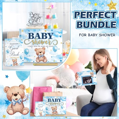Image of Fuyoooo 27 Pcs Blue Color Bear Baby Shower Guest Book Set Baby Shower Sign in Guest Floral Book Place Table Cards with Gold Pen Adhesive Photo Corner for Birthday Party