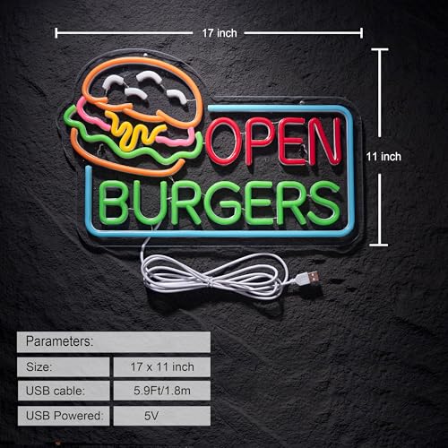 Image of Burgers Open Neon Sign for Wall Decor Dimmable Business Hamburger Food Shop LED Neon Light USB Powered Neon Art Signs Decor