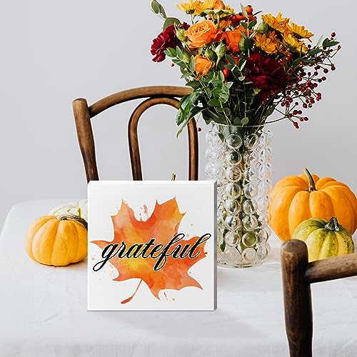 Image of Thanksgiving Table Wooden Box Sign, Thankful Autumn Table Decor Fall Maple Leaf Farmhouse Tabletop Decorations for Home Office Harvest Thanksgiving Rustic Desk Decor