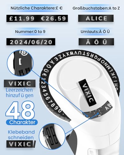 Vixic Prägegerät, Beschriftungsgerät Prägegerät, Tragbares Prägegerät Etiketten, Beschriftungsgerät Retro mit 3 Prägebändern für zu Hause und für Bastel- und Hobbyprojekte (£/€, Ä, Ö und Ü)