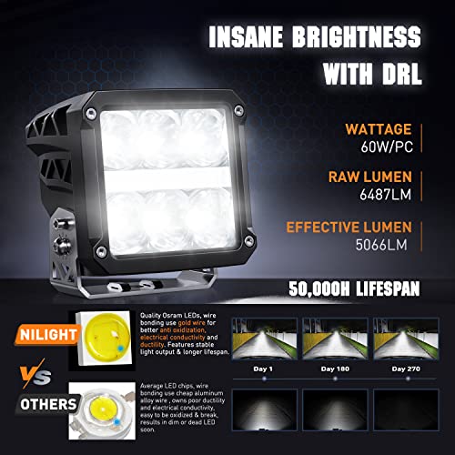 Image of Nilight 4 Inch Square LED Pod Lights with DRL 60W 6487LM 10 Degree Super Spot Beam 16AWG Wiring Harness Kit for Auxiliary Offroad Driving Work Lamp for Truck UTV ATV SUV 4x4 Jeep