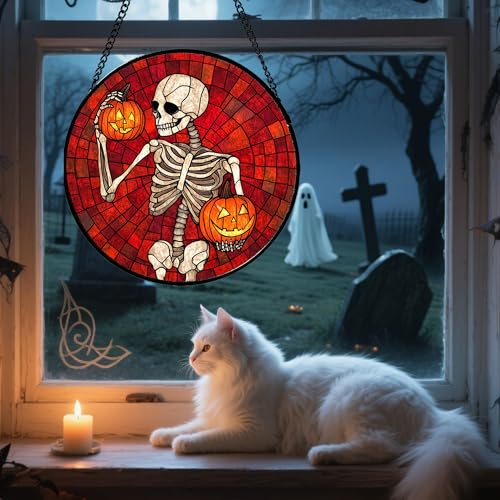 Image of Stained Glass Window Hanging - Halloween Decorations Skeleton Pumpkin Suncatcher for Doors Garden Indoor Spooky Funny Sun Catchers Gothic Decor Horror Gifts for Women Men Friend 7.8 in