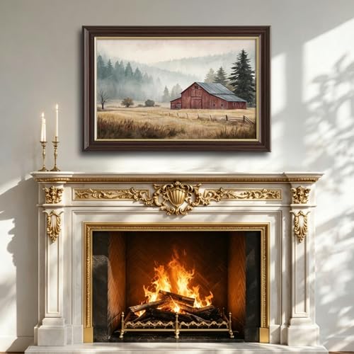 Image of Antique Framed Red Barn Canvas Art, Misty Mountain Farmhouse Landscape Canvas Prints, Vintage Watercolor Wall Decor Pictures for Living Room Bedroom Bathroom