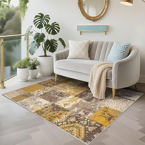 Tapis de protection de sol anti-glisse 180x250cm marron et jaune vintage pour salon - 6