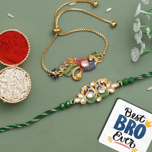 Image of eCraftIndia Set of 2 Peacock Designer Bracelet Rakhi for Brother and Bhabhi | Best Bro Ever Fridge Magnet | Roli Chawal Pack | Bhaiya Bhabhi Rakhi