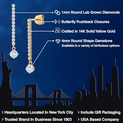 Gem Stone King 14K Yellow Gold Gemstone Birthstone and White Lab Grown Diamond Long Liner Dangle Earrings for Women | Round 4MM | Yellow Gold Chain Drop Earrings2