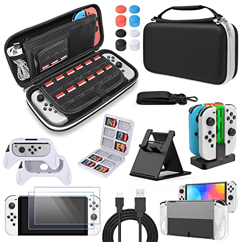 Accessories Bundle for Switch OLED, All in 1 Accessories Kits for Switch OLED 2021 Modelï¼šCase & Screen Protector, Hand Grips & Racing Wheels for Joy con, Controller Charger Dock, Carrying Case & More